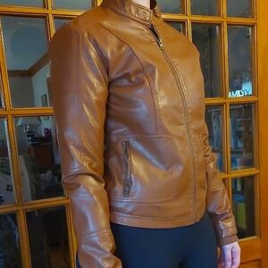 Women's GEORGE S 4/6 Light Brown Tan Faux Leather Zipper Jacket FAD